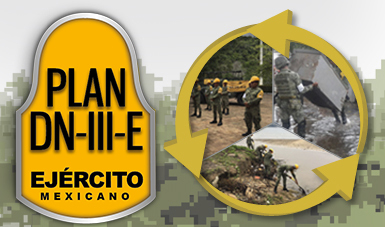 Militares del Ejército Mexicano en apoyo a la población y logo del Plan DN-III-E