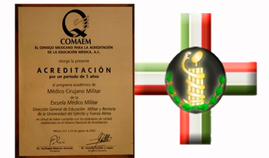 Diploma COMAEM y heráldica de la Escuela Militar de Medicina.