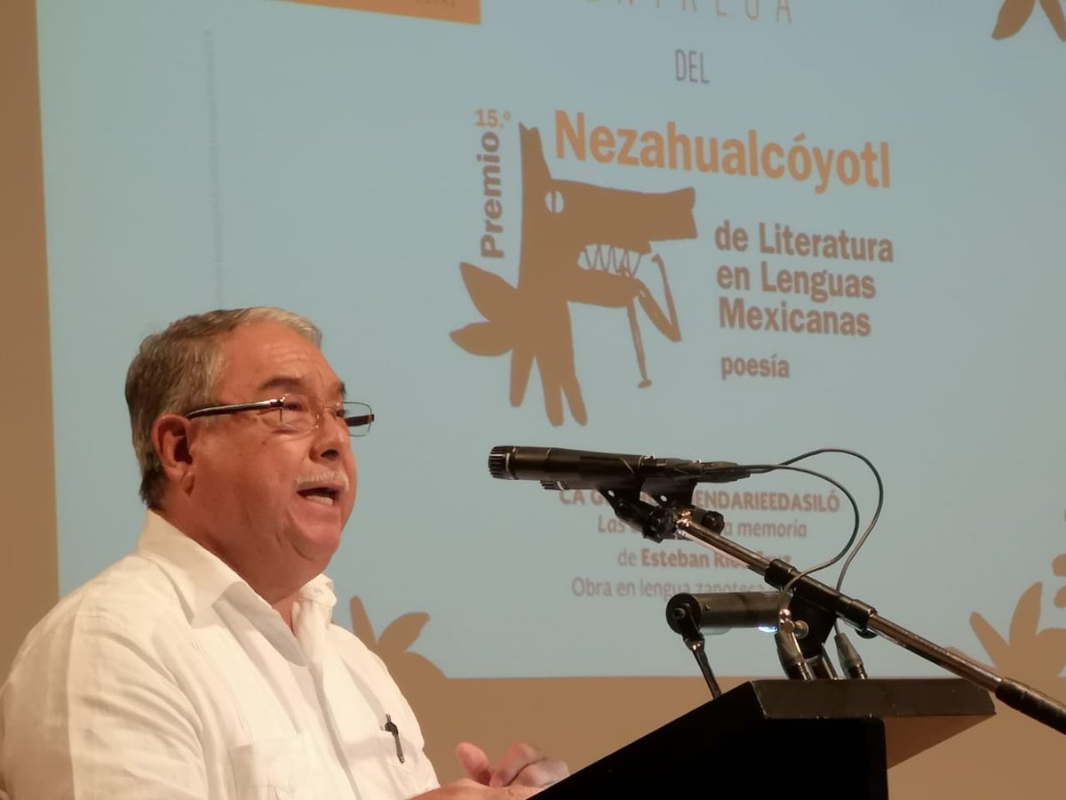Banner del Premio Nezahualcóyotl de Literatura en Lenguas Mexicanas. 2018,  Esteban Ríos Cruz, zapoteco de Oaxaca. 