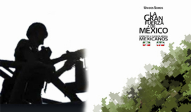 Militar del Ejército Mexicano y logo alusivo a "La Gran Fuerza de Agresiones contra el personal militar México".