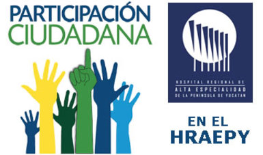 Manos levantadas de diferentes colores con el logo del Hospital y el texto Participación Ciudadana en el HRAEPY