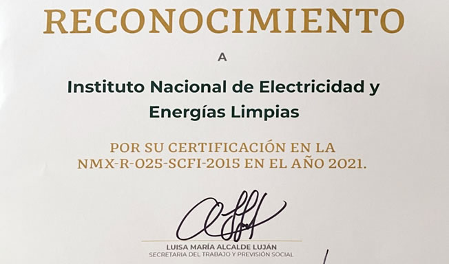Reconocimiento del INEEL por su certificación en la NMX-R-025-SCFI-2015 en Igualdad Laboral y No Discriminación