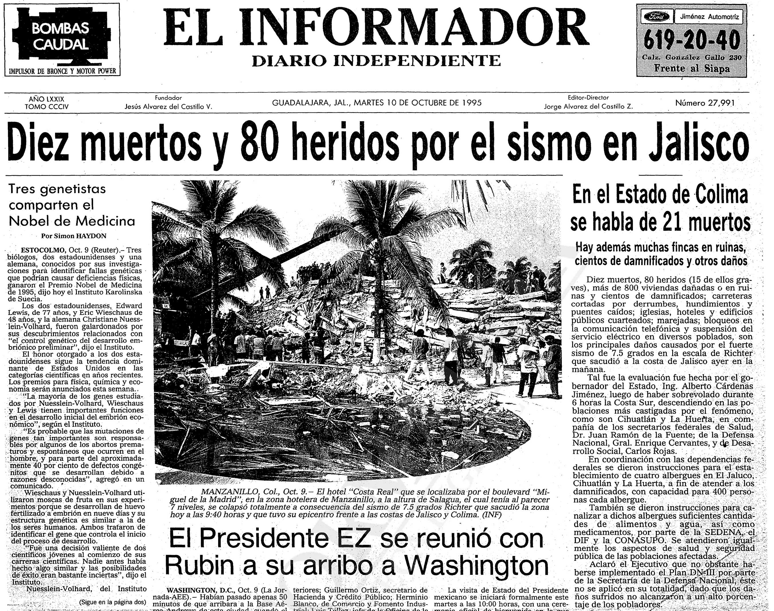 Portada de El Informador, 10 de octubre de 1995.