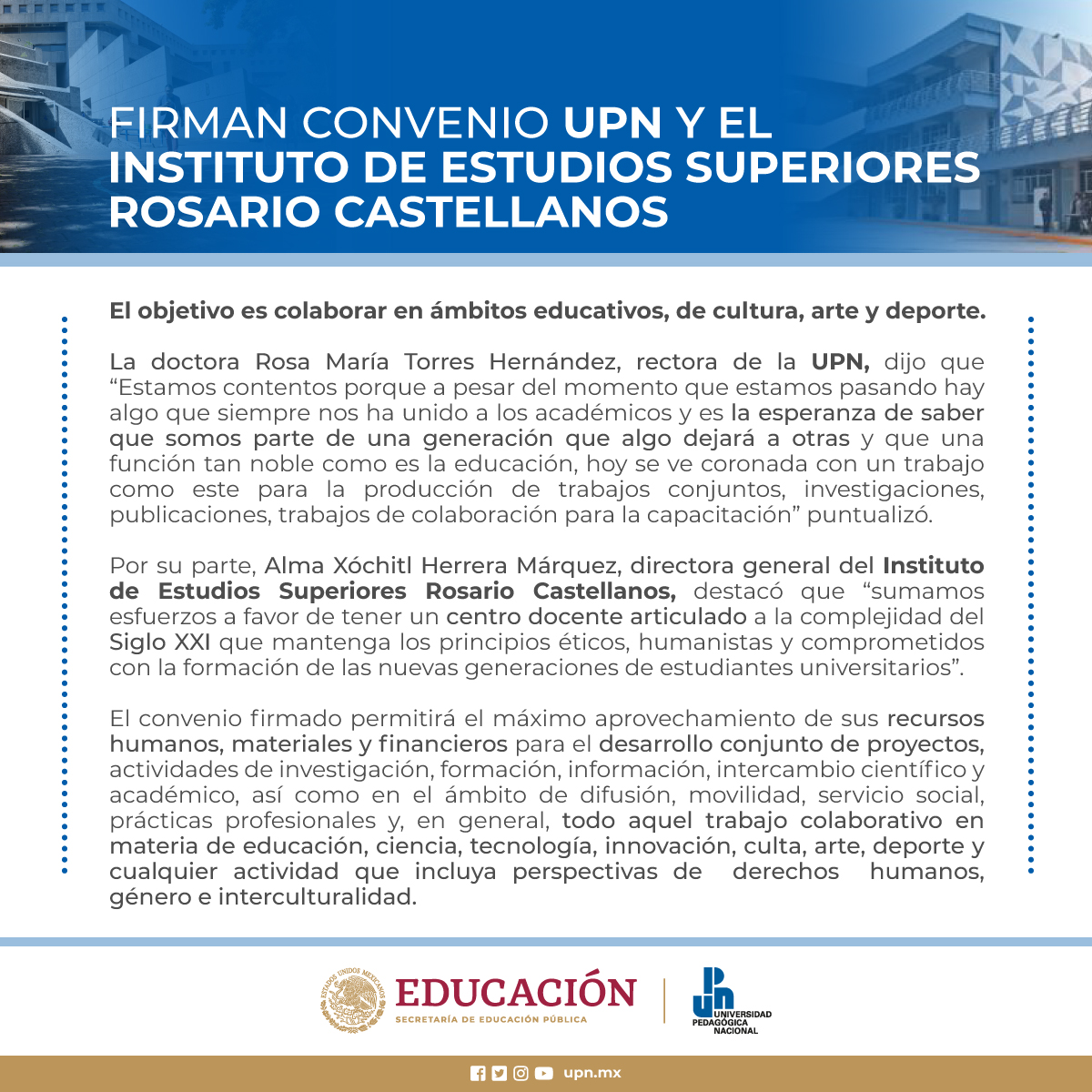 Concretan UPN y el Instituto de Educación Superior Rosario Castellanos impulso a proyectos conjuntos