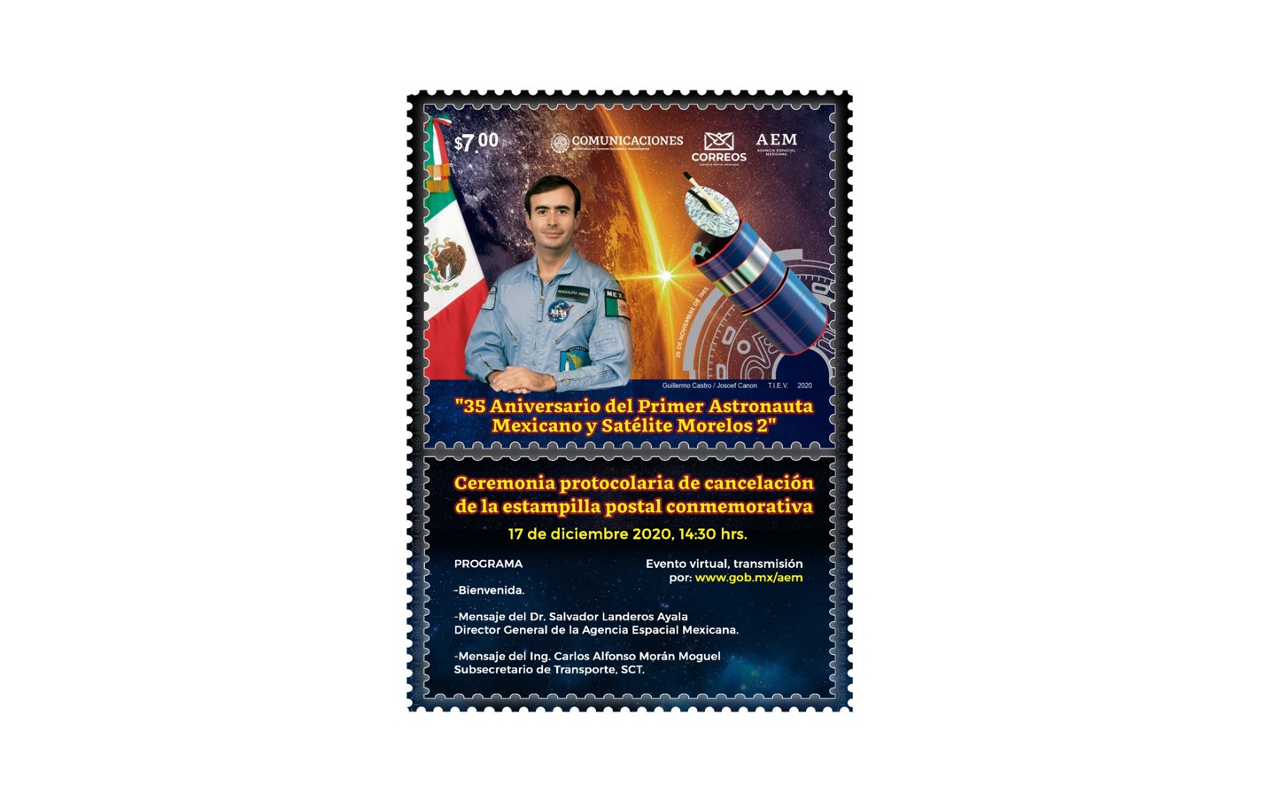  Cancelación Estampilla Postal "35 Aniversario del Primer Astronauta Mexicano y Satélite Morelos 2"