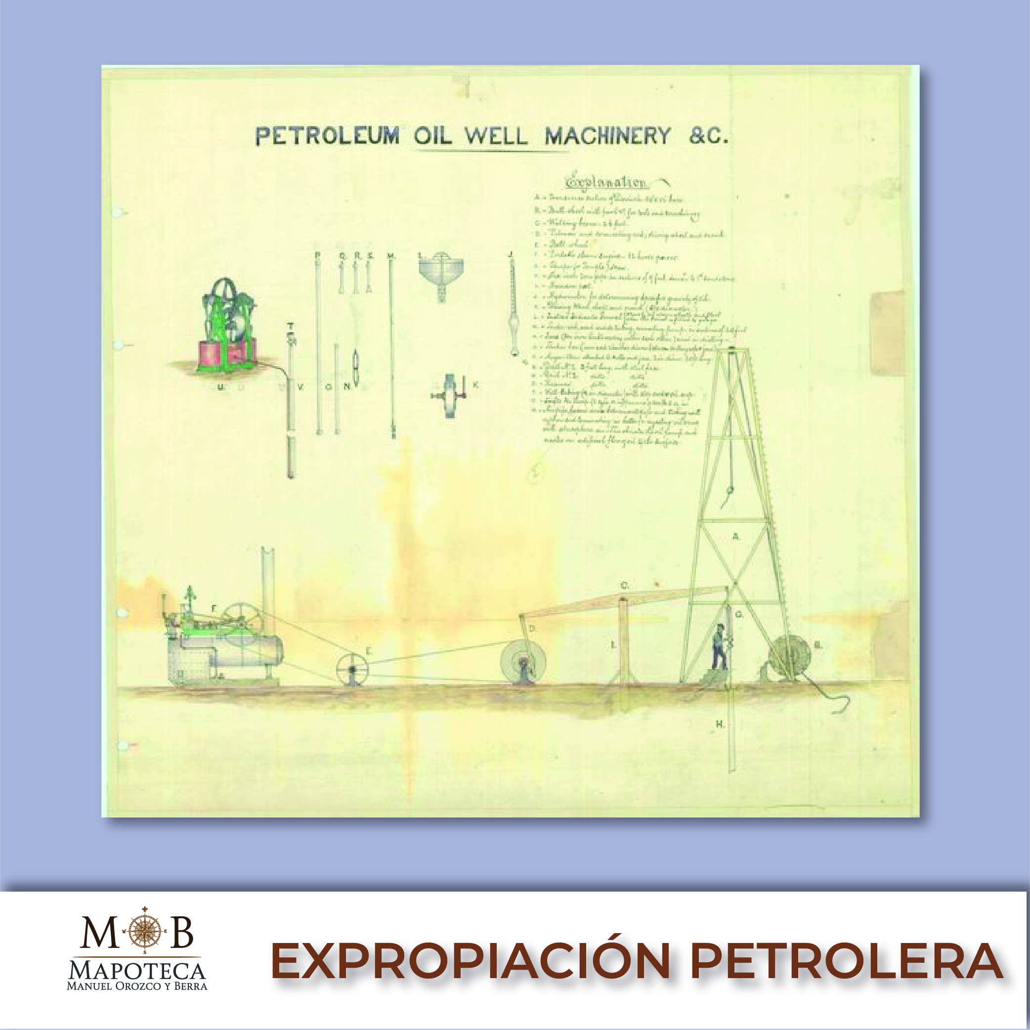 Para recordar un año más del aniversario de la Expropiación Petrolera, la Mapoteca Manuel Orozco y Berra presenta esta imagen titulada: “Plano de la maquinaria para pozos de petróleo”.