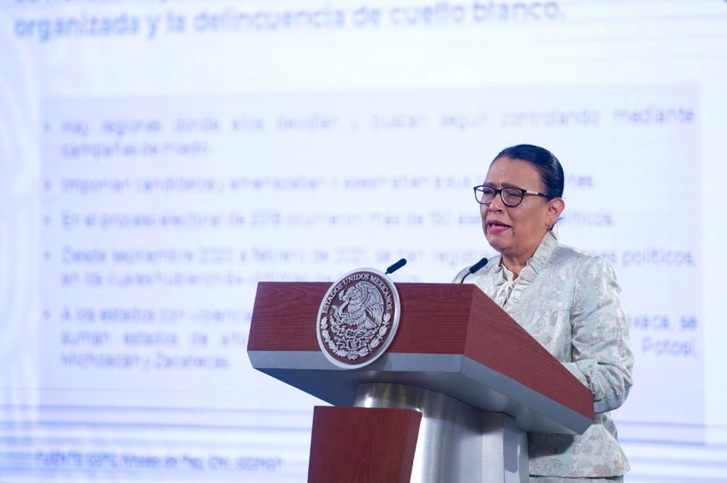 Imagen de la secretaria Rosa Icela Rodríguez Velázquez, durante su participación en la conferencia matutina de Palacio Nacional 