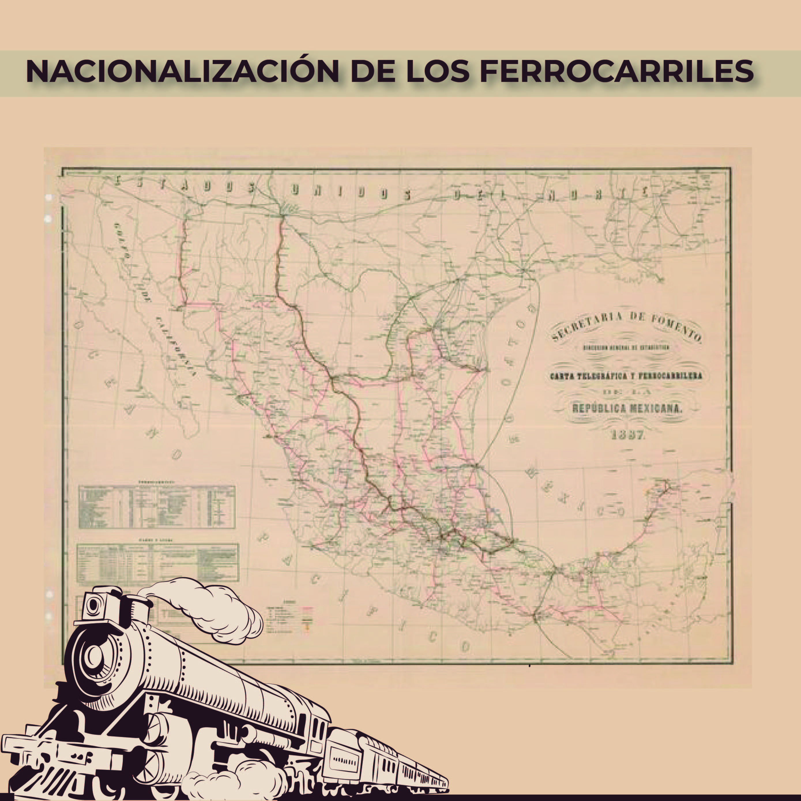 Para conmemorar un año más de la Nacionalización de los ferrocarriles, la Mapoteca Manuel Orozco y Berra presenta esta imagen titulada: “Carta telegráfica y ferrocarrilera”, elaborada en 1887. 
