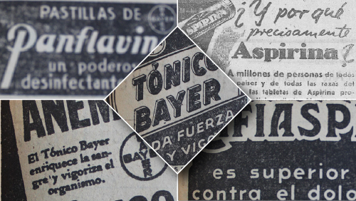 Publicidad de productos medicamentos de industria Bayer en periódicos de México. AGN, Hemeroteca Ignacio Cubas.