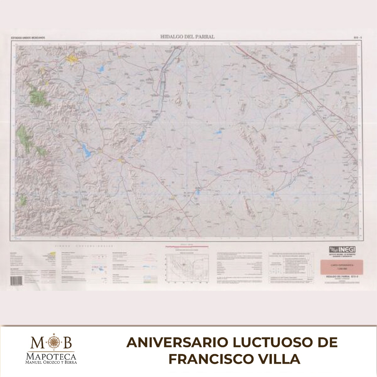 Para recordar un año más del aniversario luctuoso de Francisco Villa, la Mapoteca Manuel Orozco y Berra presenta esta imagen titulada: “Carta topográfica de Hidalgo del Parral”. 