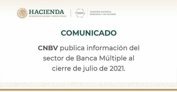 CNBV publica información del sector de Banca Múltiple al cierre de julio de 2021