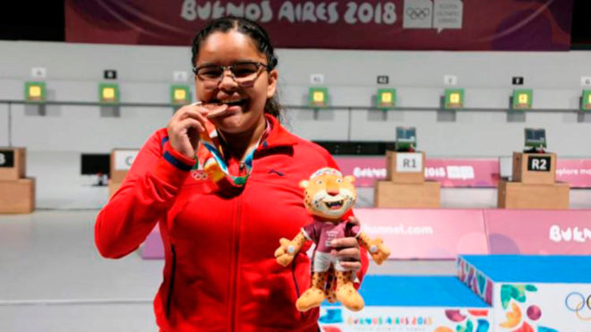 Andrea Ibarra, durante su celebración en los Juegos Olímpicos de la Juventud en Buenos Aires 2018. Cortesía
