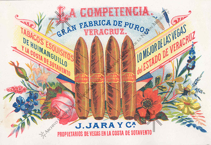 Etiqueta de la fábrica de puros "La Competencia" de J. Jara y Compañía. Veracruz. AGN, Colección Felipe Teixidor, FTx 1844
