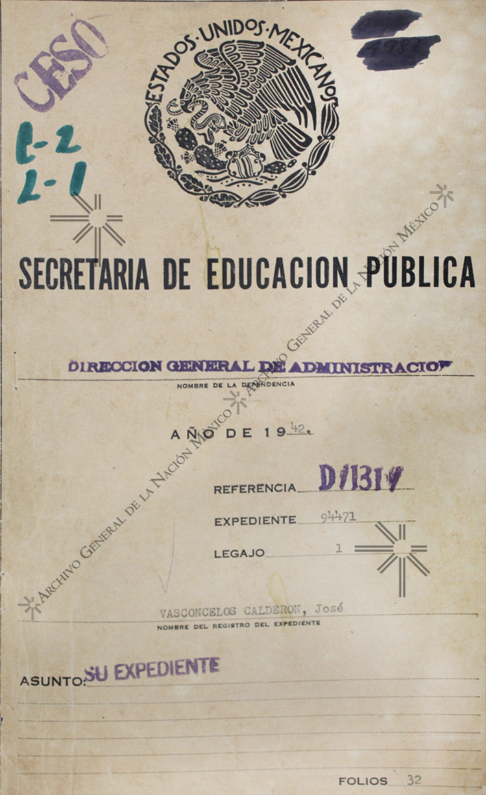 Caratula de expediente perteneciente a al fondo Archivo Histórico de la Secretaría de Educación Pública. 