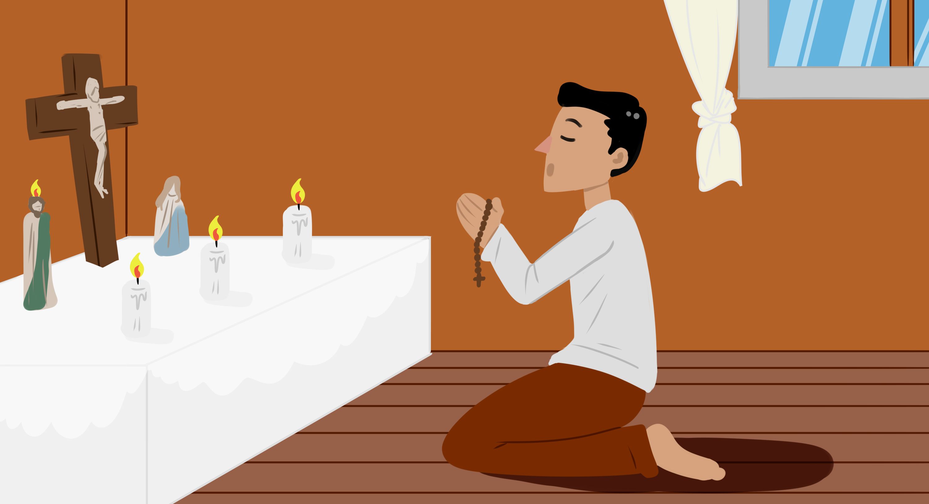 Personaje novohispano realizando una oración en su hogar con objetos religiosos.