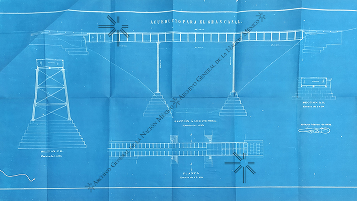 Plano del Acueducto para el Gran Canal del Desagüe (1901-1902). AGN, Comunicaciones y Obras Públicas (caja 1-327),  Canales, Caja 297, Exp. 33, Planografía. 