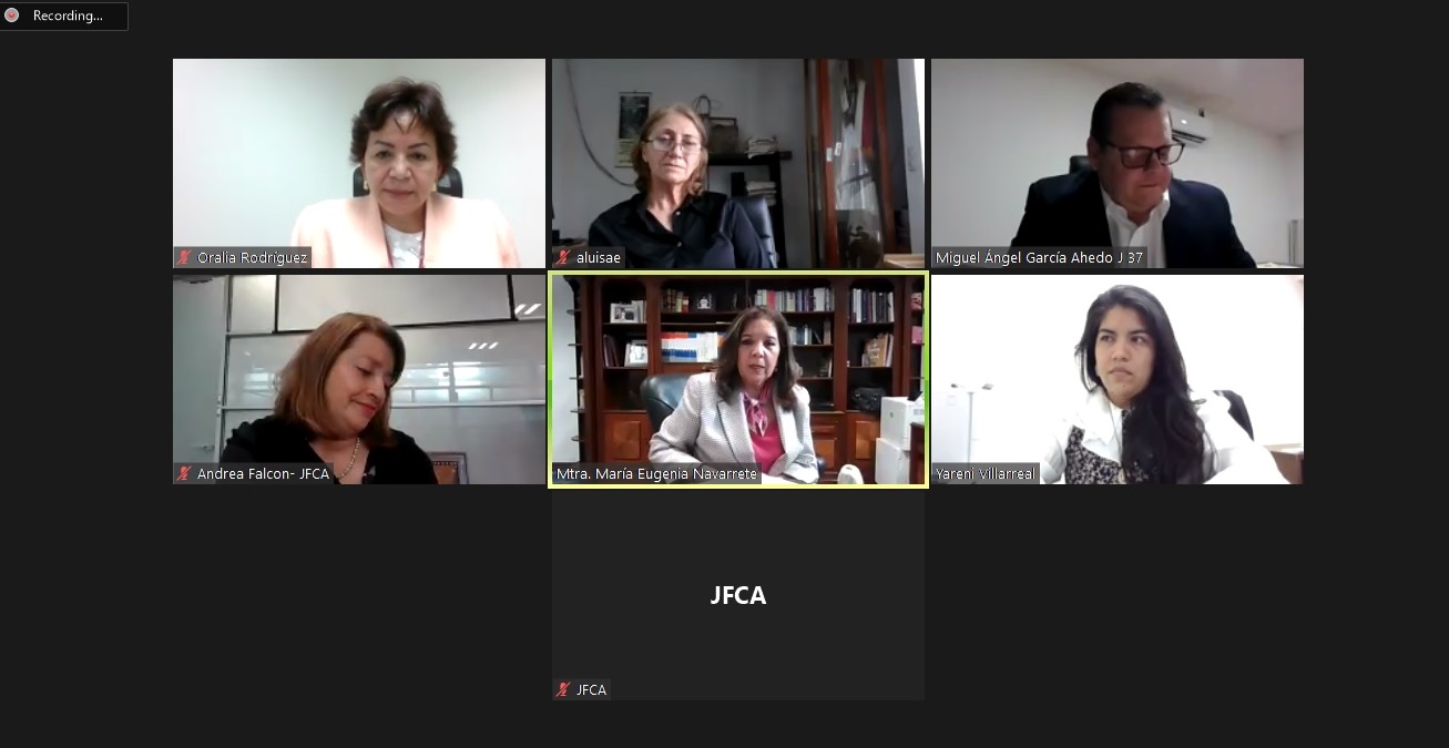 Ayer las y los presidentes de las Juntas Especiales de Nuevo León y Tamaulipas, y la presidenta de la JFCA, Mtra. María Eugenia Navarrete Rodríguez,  sostuvieron una reunión de trabajo virtual. 