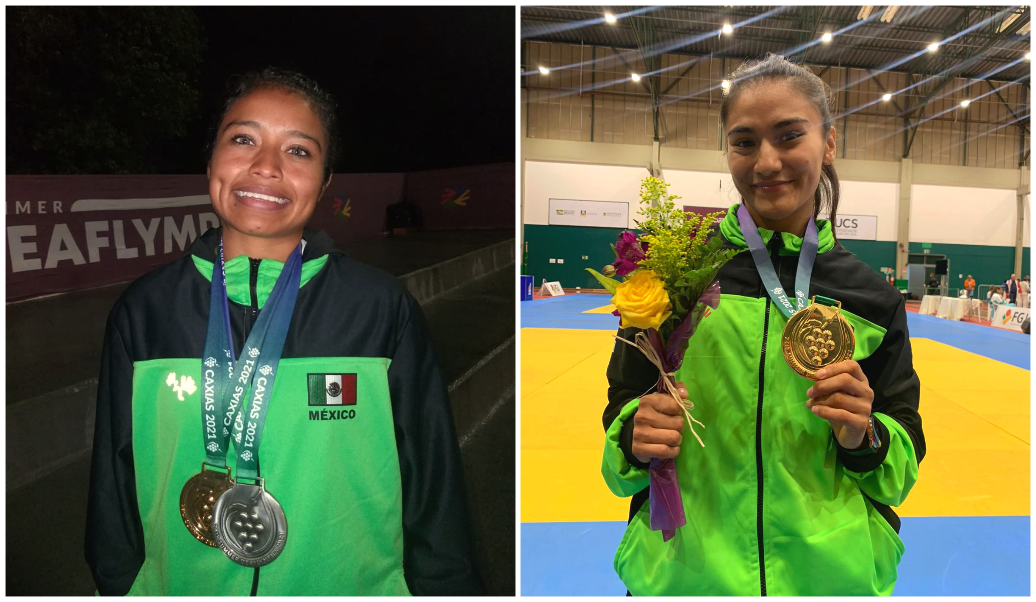 Lourdes Ponce Juárez (izq.) e Isabel Huitrón (der.), celebran con sus medallas en los Juegos Sordolímpicos 2022. Cortesía 
