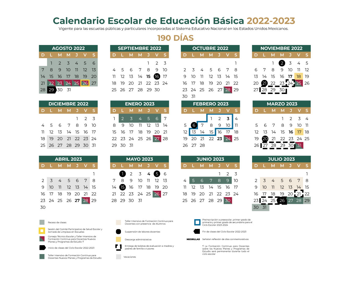 Se establecen dos calendarios: uno de 190 días efectivos de clase para Educación Básica y otro de 195 para Educación Normal y formación de maestros