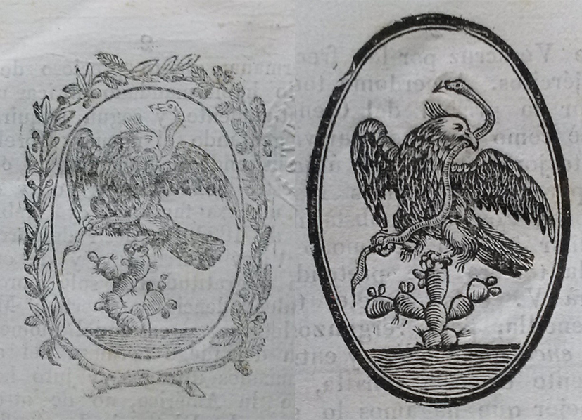 Figura 1. Águila nacional con guirnalda de laurel y encina, grabado en publicación de Carlos Ma. de Bustamante, 1823
Figura 2. Águila nacional, grabado en publicación de Carlos Ma. de Bustamante, 1823.