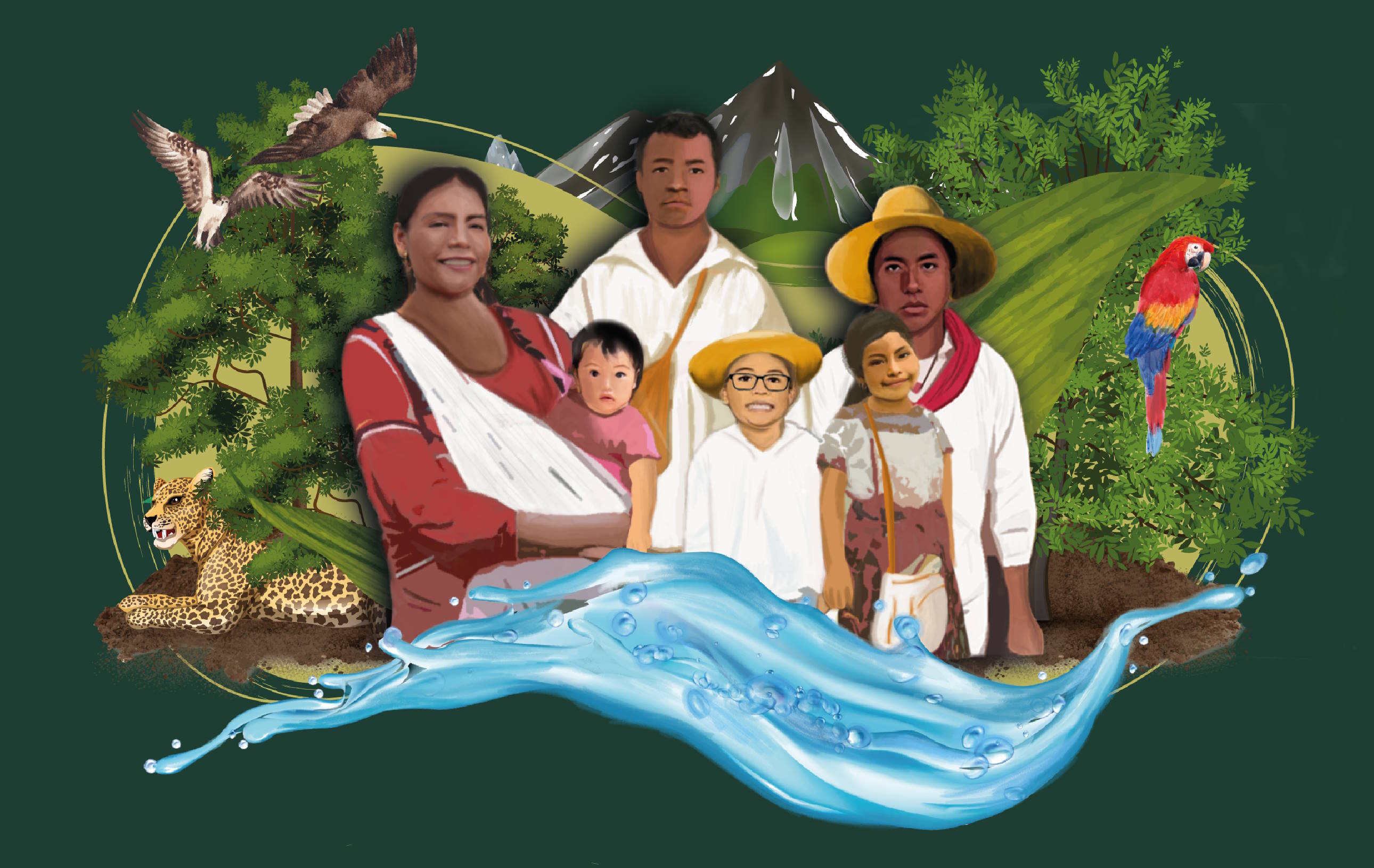 Ilustración  de comunidad junto con elementos alusivos al Biopatrimonio Cultural de México