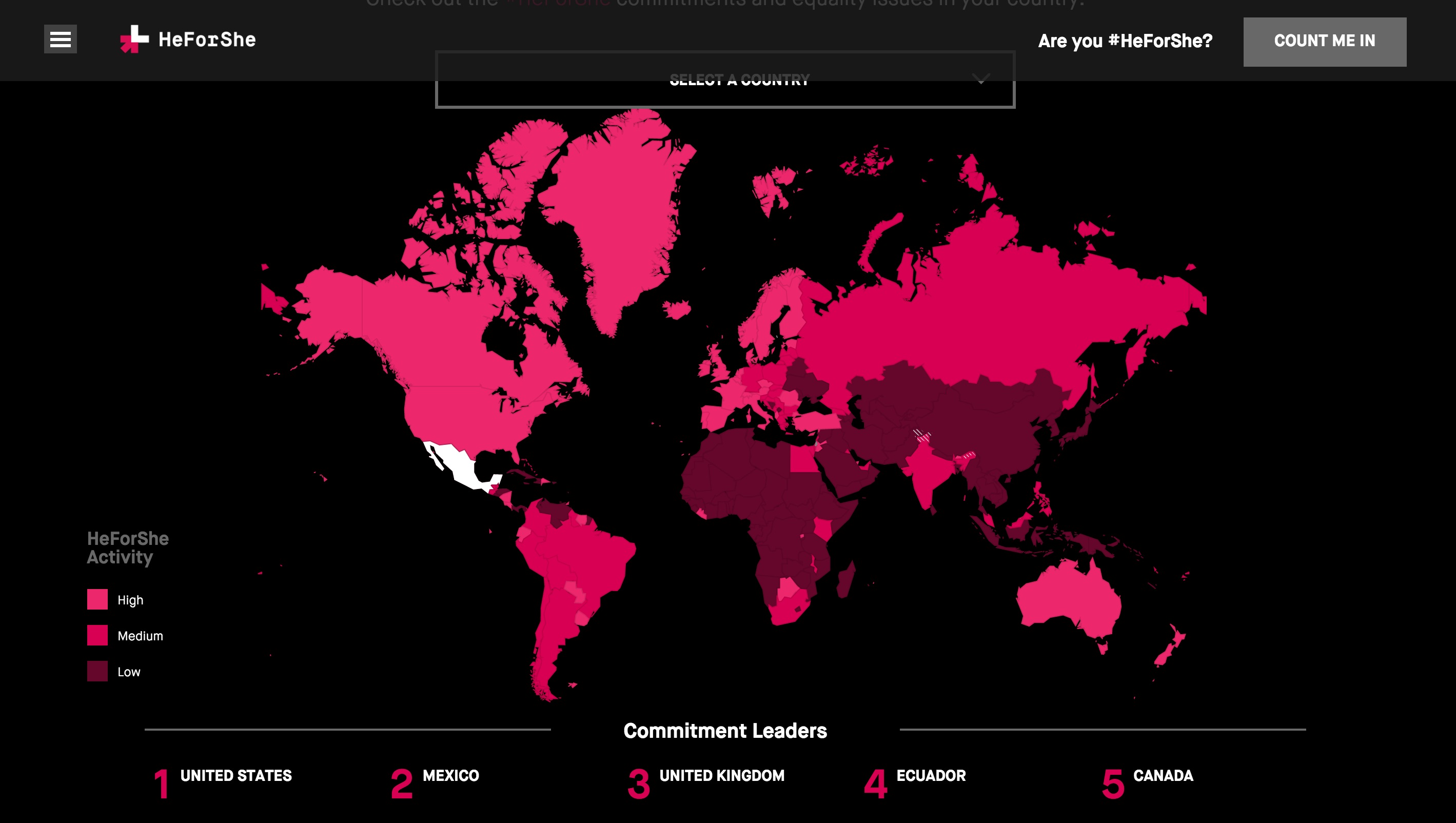 Mapamundi del registro de personas participantes en la campaña #HeForShe