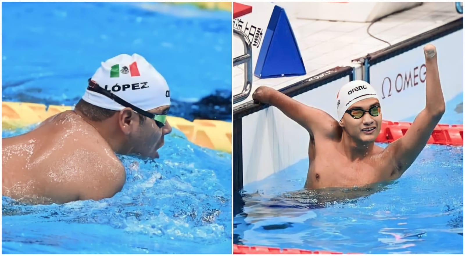 Diego López (izq.) y Ángel Camacho (der.), seleccionados nacionales de para natación, durante competencia. CONADE
