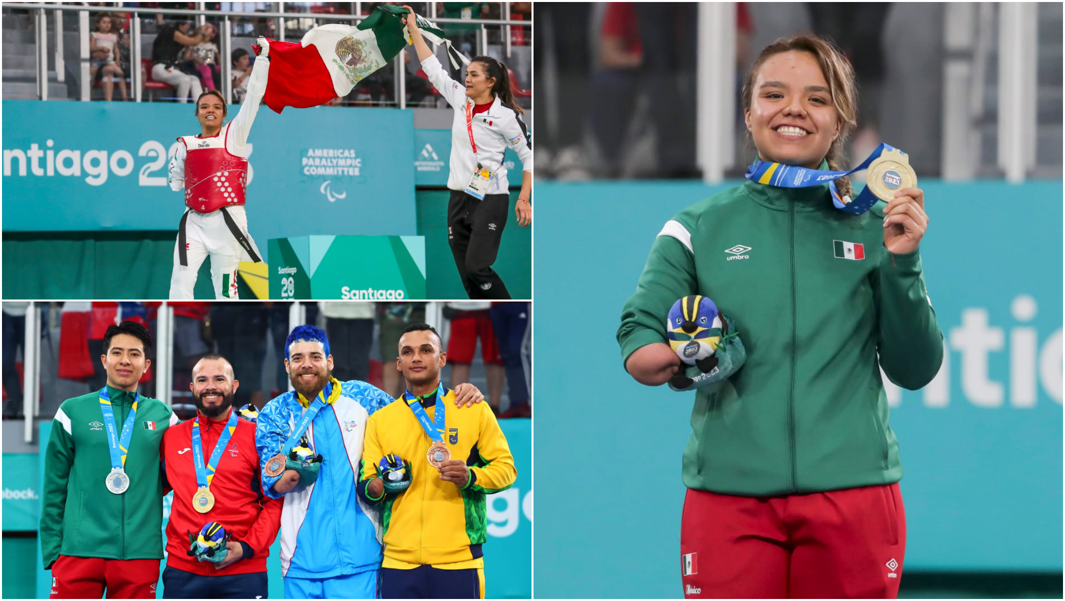 Fernanda Vargas luce su medalla de oro y junto a su entrenadora María Espinoza, ondean la Bandera de México; Luis Nájera aparece en podio con plata en Santiago 2023. CONADE
