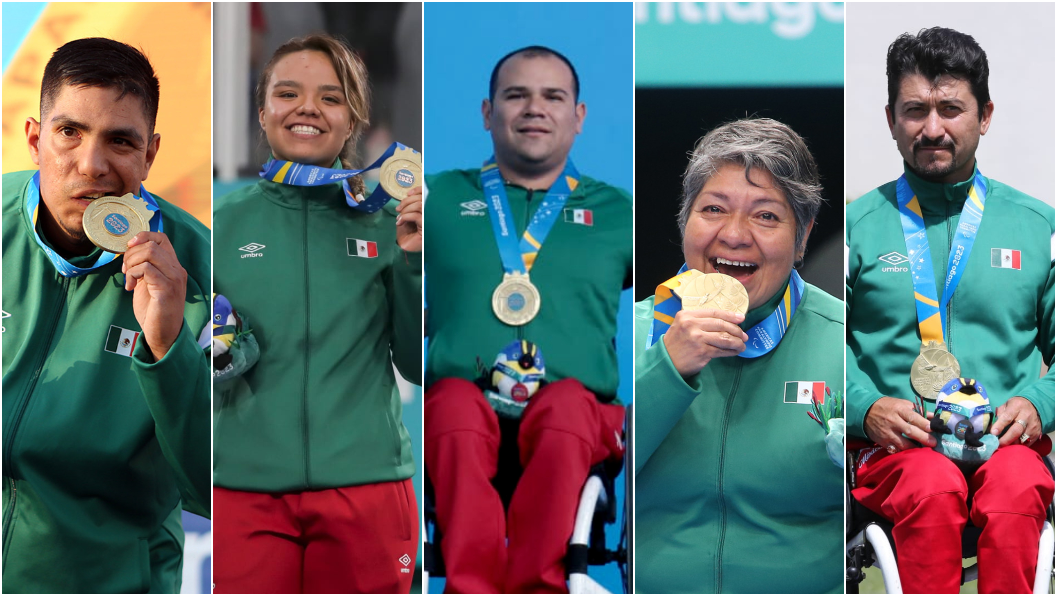 (Izq. a der.) José Román Ruiz, Fernanda Vargas, Diego López Díaz, Claudia Pérez y Samuel Molina, medallistas de oro en Santiago 2023. CONADE
