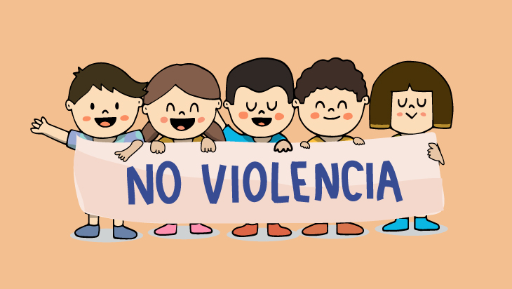 Niñas y niños con pancarta que dice "NO VIOLENCIA".