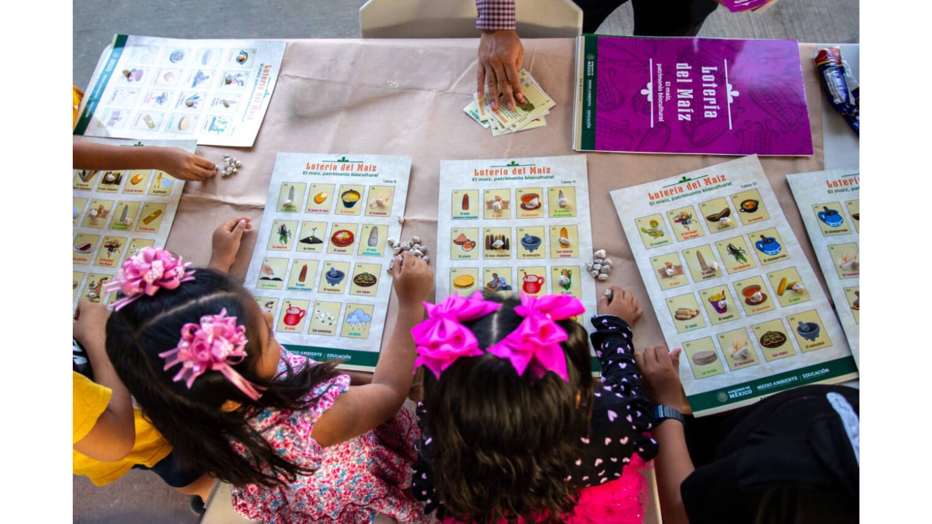 Infancias jugando lotería del maíz en el marco de las actividades educativas por el Día Nacional del Maíz.