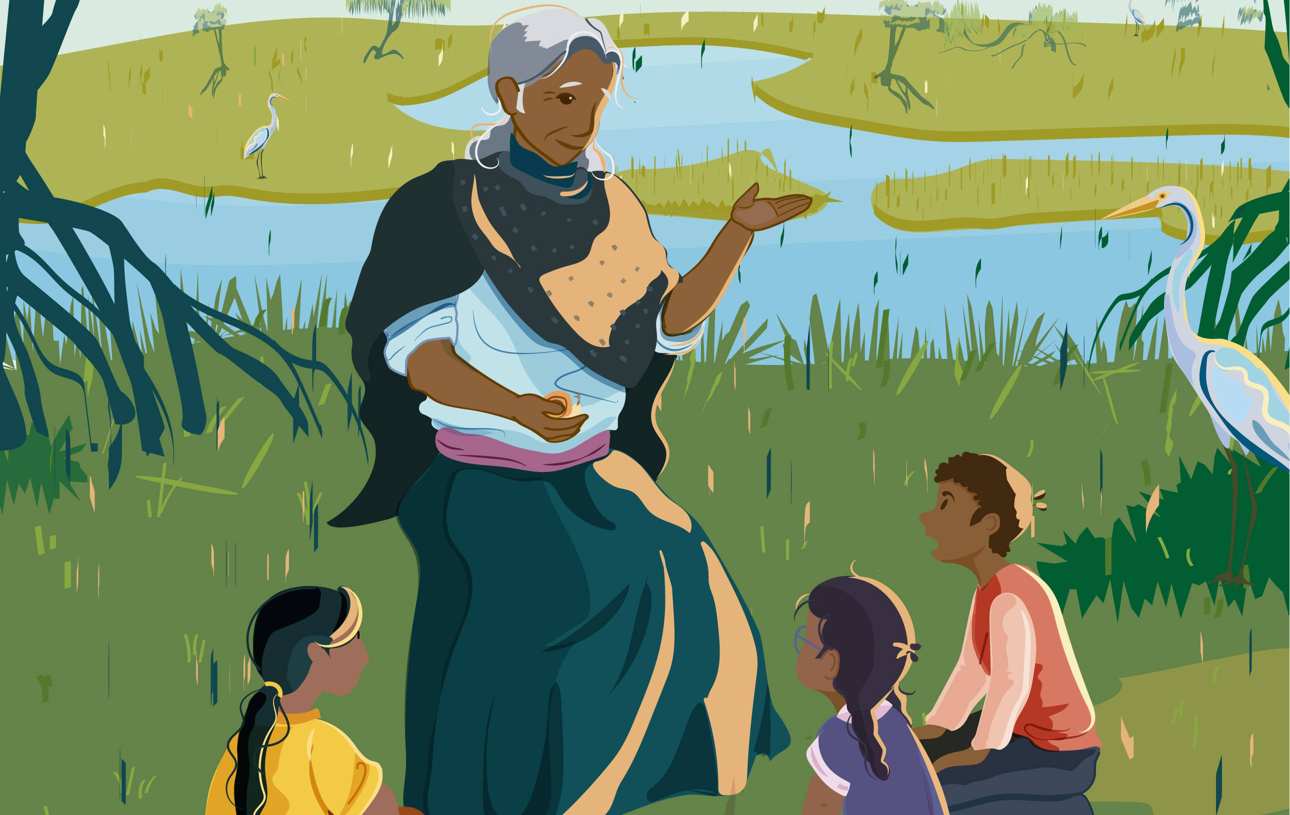Ilustración de una mujer proveniente de los pueblos originarios, dando lecciones de sabiduría a infancias con un enfoque de respeto a la Madre Tierra y apreciación a los humedales que los rodean.