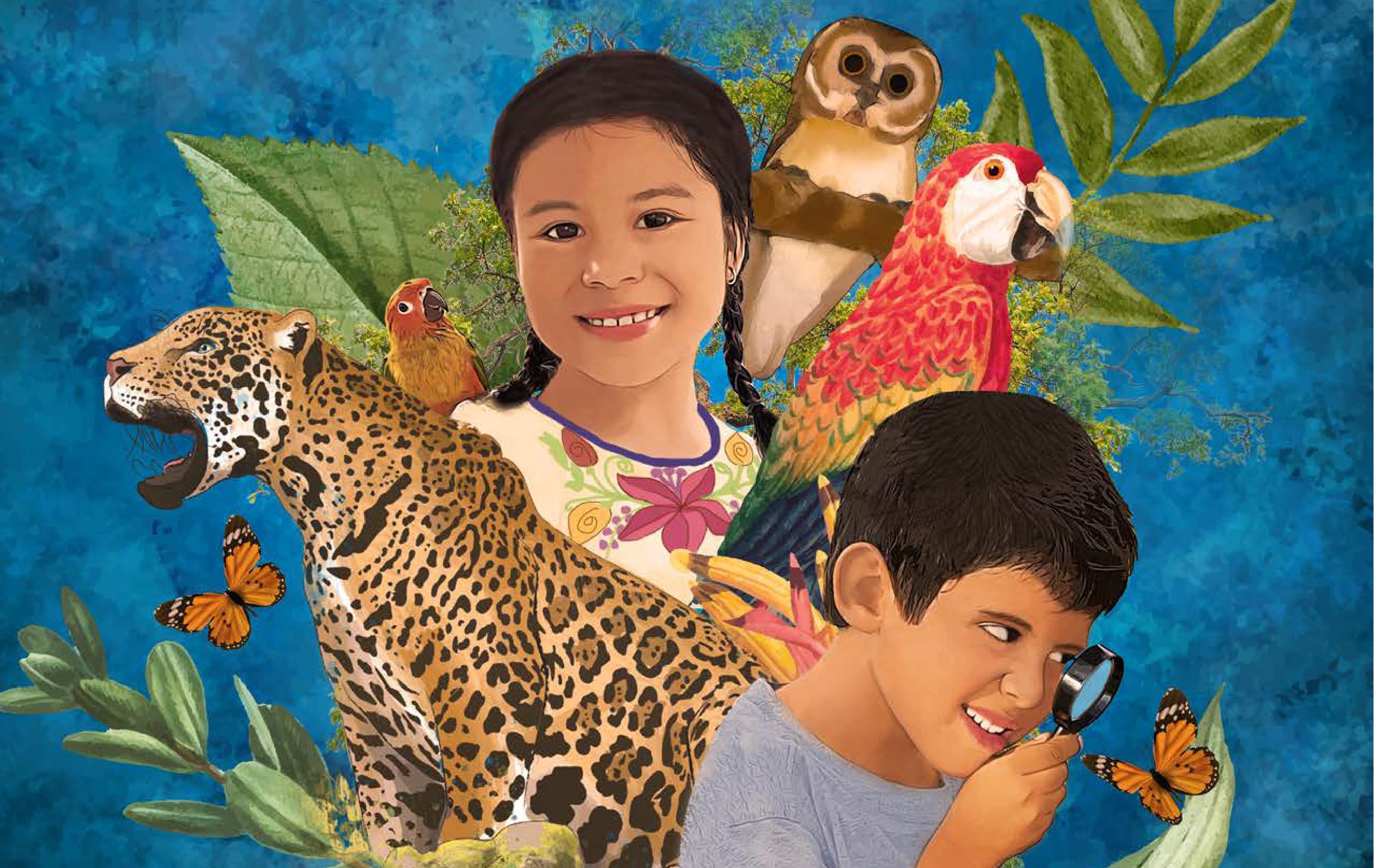 Ilustración de una niña y un niño rodeados de 
naturaleza con riqueza del biopatrimonio cultural mexicano.
