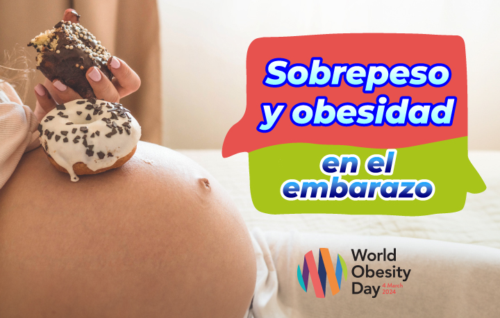 Mujer embarazada comiendo alimentos chatarra con el texto "Sobrepeso y obesidad en el embarazo"