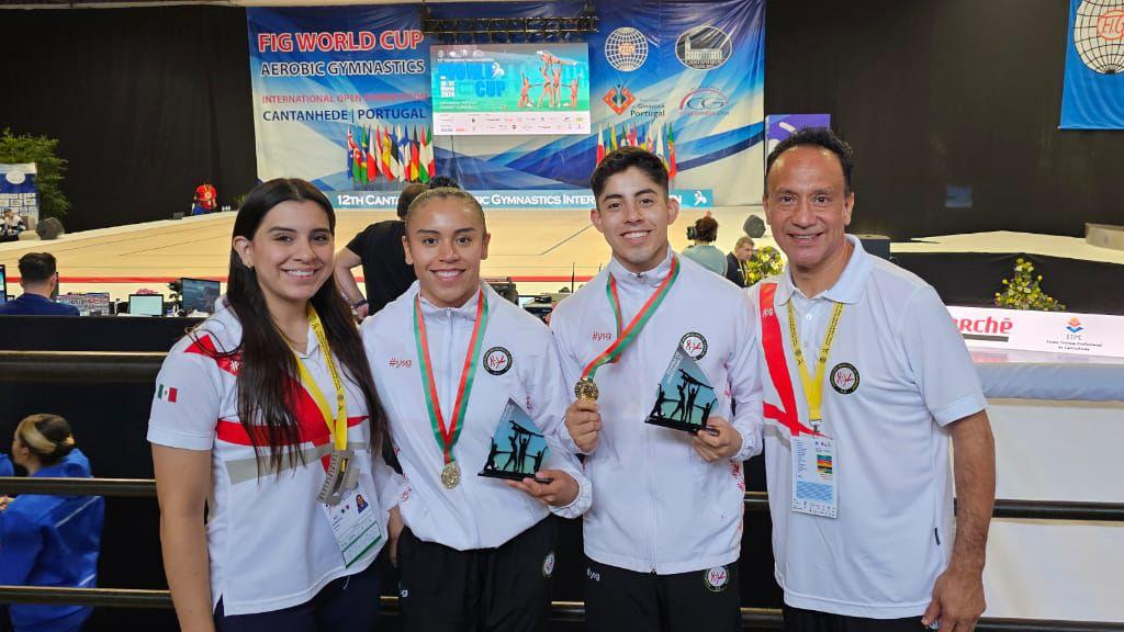 Elizabeth Quintero y Mario Nava, medallistas de oro en modalidad pareja mixta del Abierto Internacional de Gimnasia Aeróbica en Portugal. Cortesía