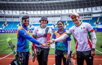 lejandra Valencia y Matías Grande enfrentarán a Ankita Bhakat y Dhiraj Bommadevara, de India, por la medalla de bronce en la Copa del Mundo de Tiro con Arco Shanghái 2024. CORTESÍA