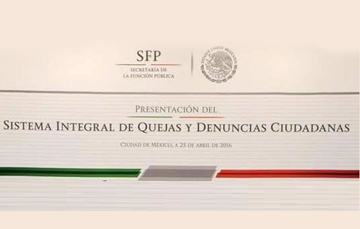 Back  con el logo de la Secretaría de la Función Pública y el siguiente texto: Presentación del Sistema Integral de Quejas y Denuncias Ciudadanas Ciudad de México a 25 de abril de 2016 