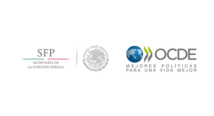 Logo de la Secretaría de la Función Pública que consiste en las siglas SFP y el escudo nacional, logo de la Organización para la Cooperación y el Desarrollo Económicos que tiene un mundo, unas flechas seguidas de las siglas OCDE 
