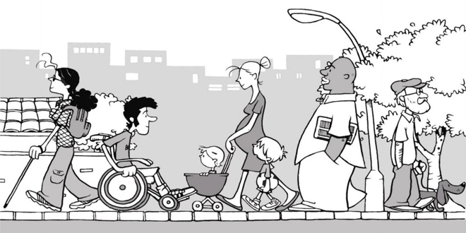 Caricatura en donde aparece una calle, por la que pasan personas con discapacidad, una mujer embarazada con un niño a lado y una carriola, un señor, y un adulto mayor con su perro.