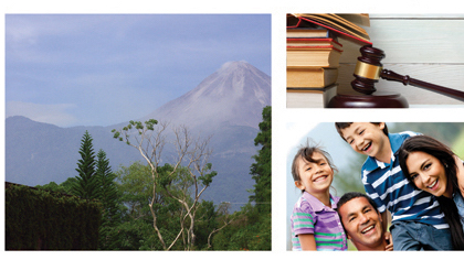 Imágenes alusivas a Colima: Volcán de Colima, martillo de un juez, una familia