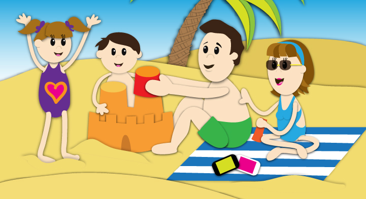 Ilustración de una familia vacacionando en la playa.