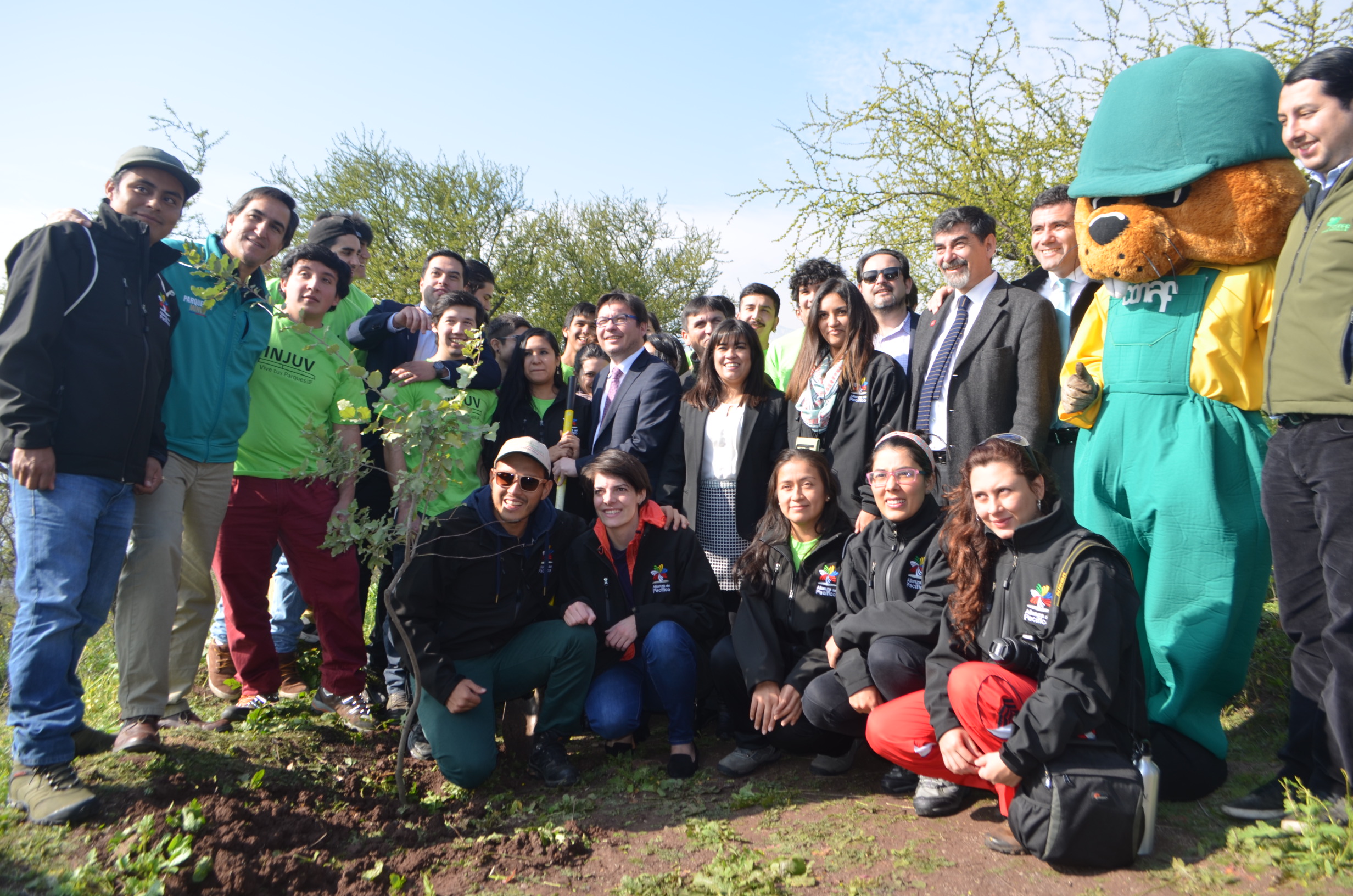 Jóvenes voluntarios de la Alianza del Pacífico posan en un parque en Chile.