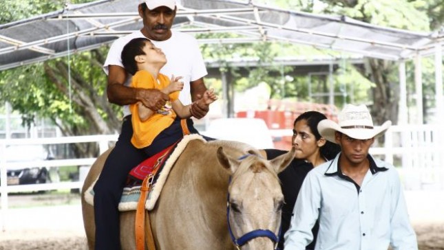 Niño con discapacidad sobre un caballo acompañado del terapeuta, recibiendo equinoterapia.