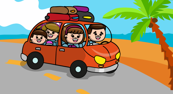 Ilustración de una familia dentro de un automóvil circulando cerca de la playa.