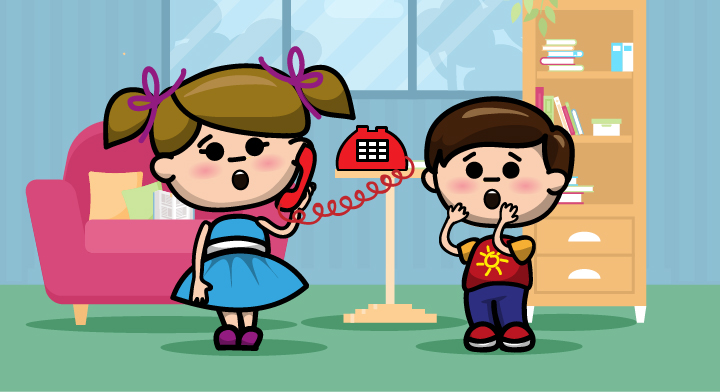 Ilustración de una niña, acompañada de su hermano, contestando el teléfono. 
