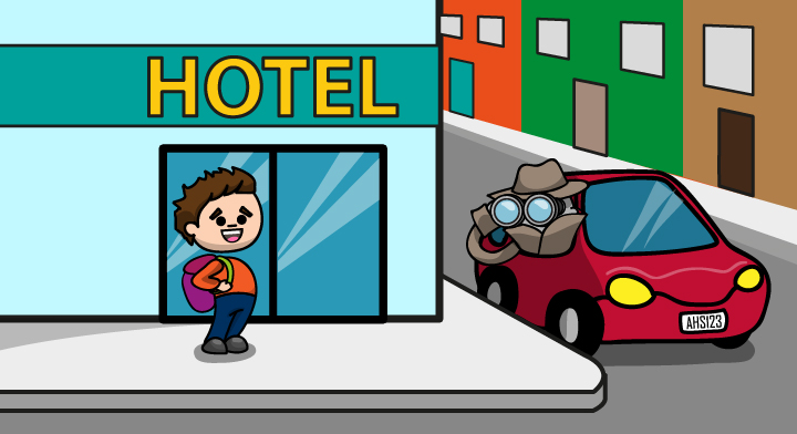 Ilustración de una persona ingresando a un hotel y siendo vigilada por otra dentro de un auto.