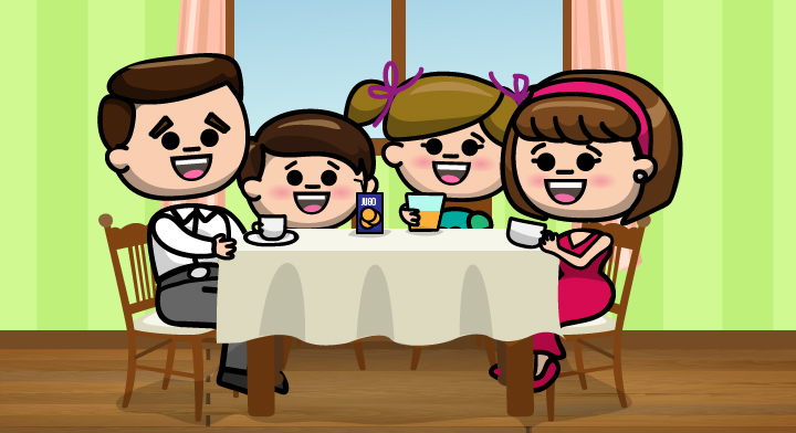 Ilustración de una familia de cuatro integrantes conviviendo en el comedor.