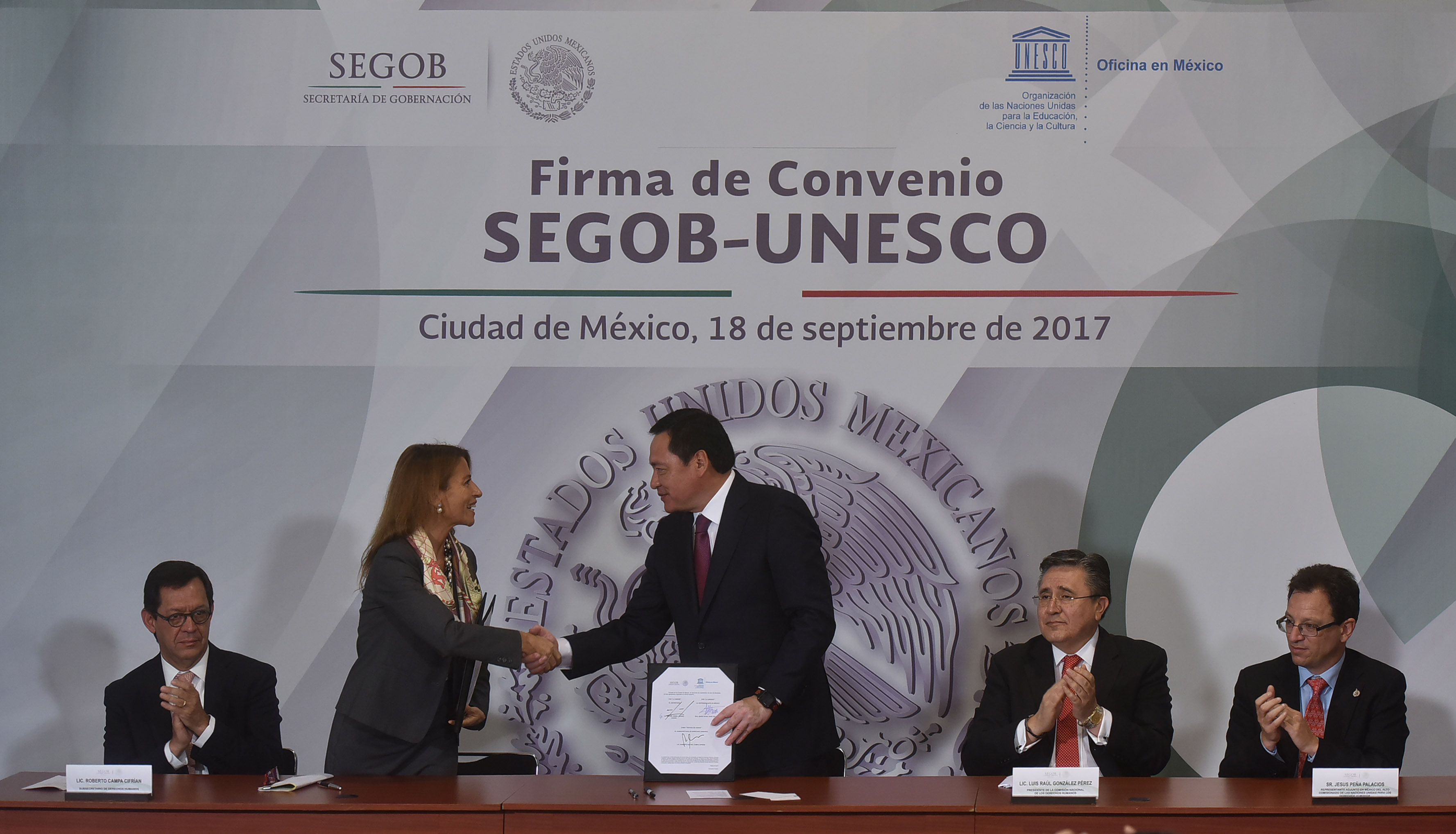Se firma el convenio entre Secretaría de Gobernación (SEGOB) y la Oficina en México de la Organización de las Naciones Unidas para la Educación, la Ciencia y la Cultura (UNESCO)