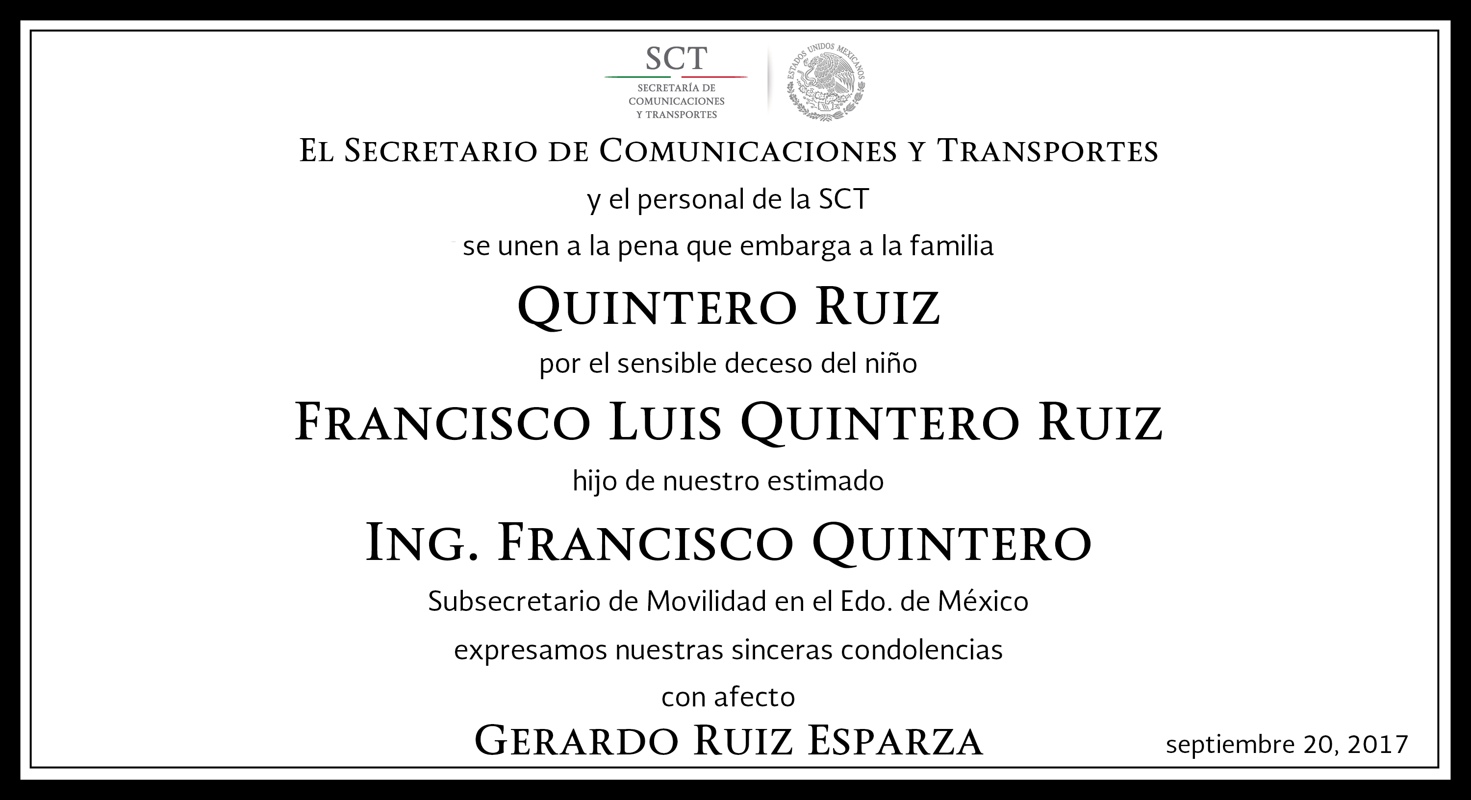 La SCT lamenta el deceso del pequeño Francisco Luis Quintero Ruiz