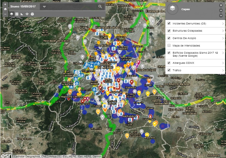 Imagen del mapa de atención de emergencia por el sismo del 19 de septiembre de 2017 en la Ciudad de México. Disponible en el Atlas Nacional de Riesgos